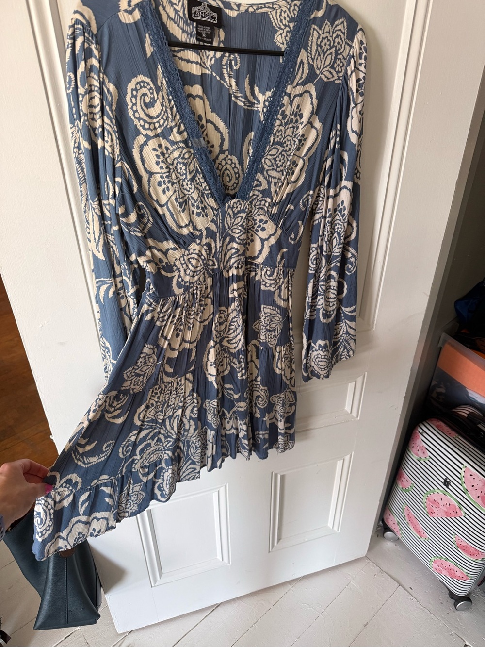 Angie Blue and Cream Floral V-Neck Pleated Dress